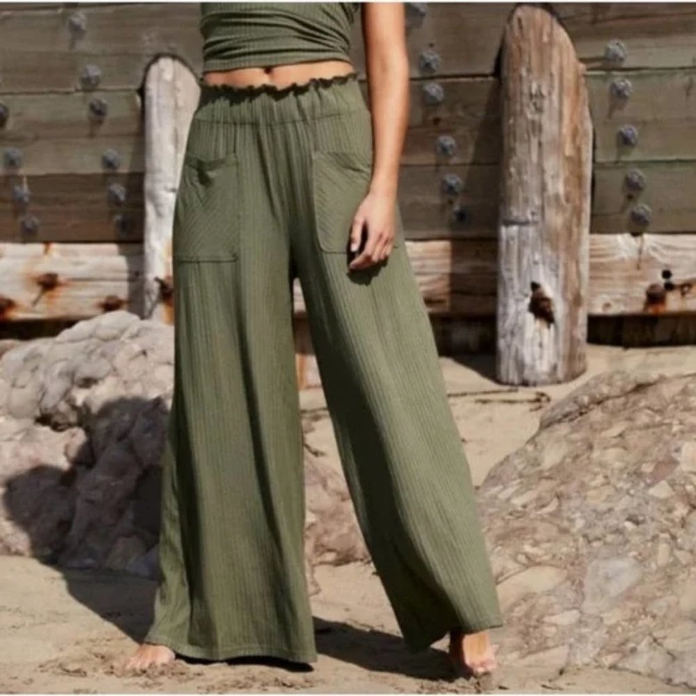 034 Free People Movement Blissed out wide leg pants in Army Green Size Large - Picture 2 of 4